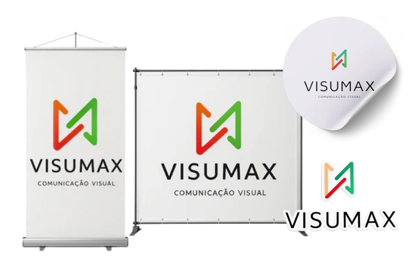 Banner roll-up, backdrop e adesivos personalizados com a marca Visumax Comunicação Visual